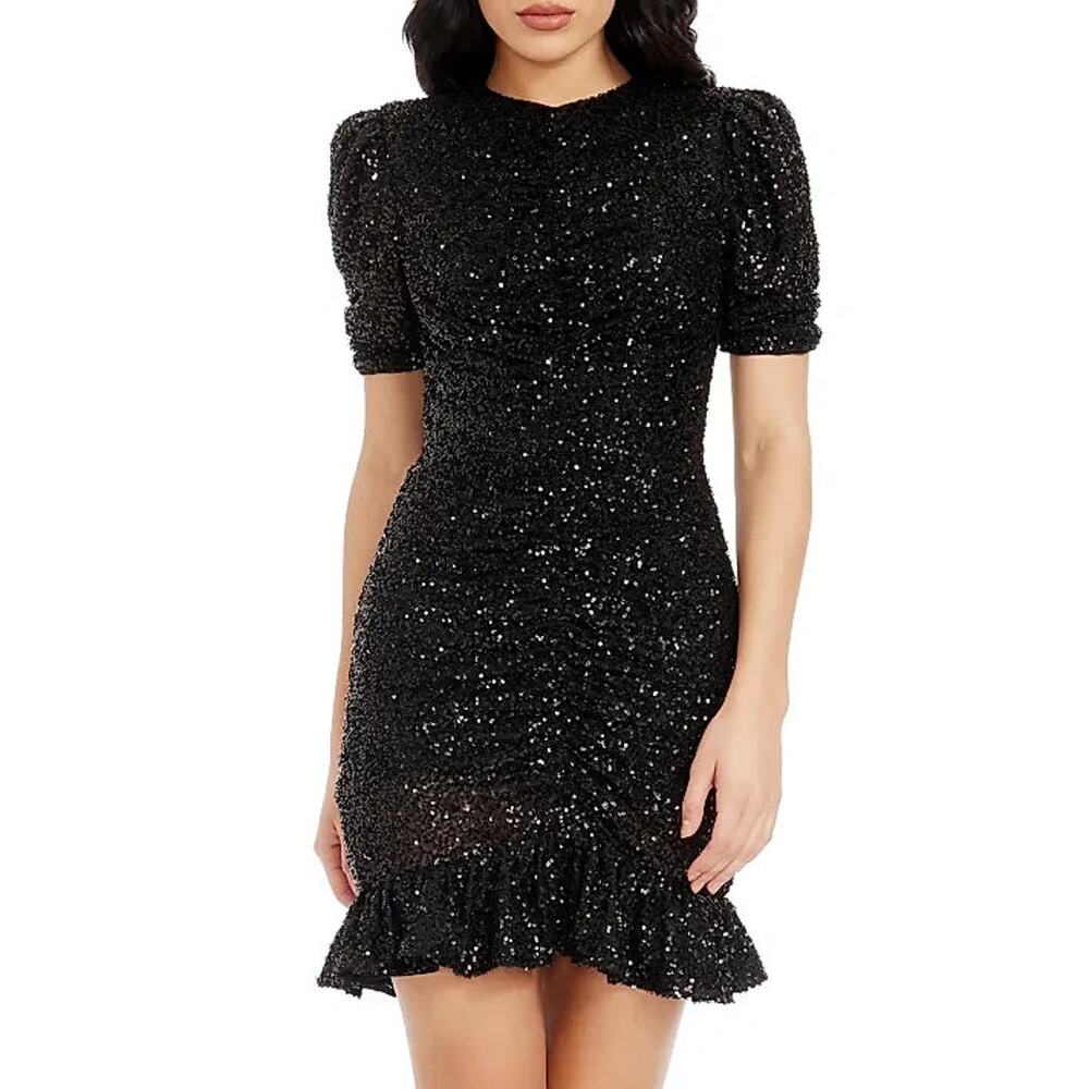 Dress The Population Chandler Sequin Ruffle Ruched Mini Dress Black Womens Large